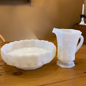 Anchor Hocking Fire King Milk glass bowl and pitcher 7 in tall as a bundle.